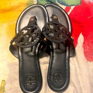 Black leather Tory Burch Miller Sandals.
